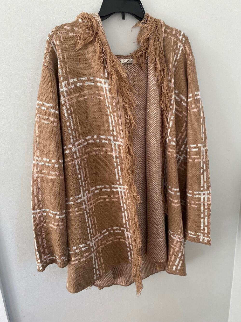 Est. 1946 Brown Tan Neutral Fringe Cardigan Sweater With Hood 18/20